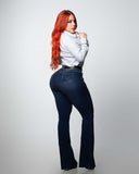 LIPOJEANS Luxury Prestige High Waisted Flare Jeans – Dark Blue