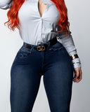LIPOJEANS Luxury Prestige High Waisted Flare Jeans – Dark Blue
